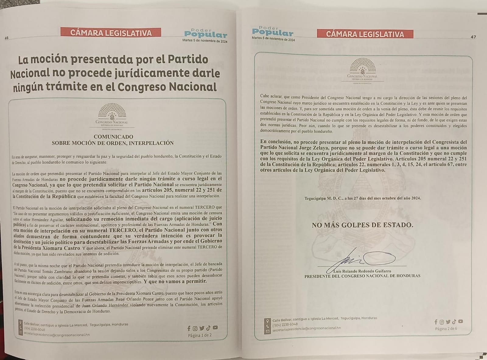Luis Redondo: Moción del PN está al margen de la Constitución y es intento de sedición  